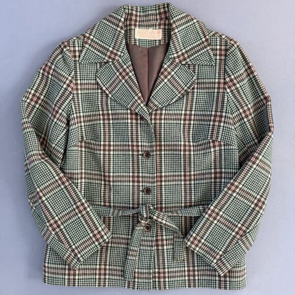 Vintage Pendleton Virgin Wool Plaid Green Red Belted Blazer Jacket - Picture 1 of 5